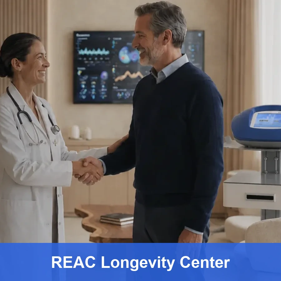 Consulto in un centro REAC Longevity, con apparecchiatura per trattamenti di longevita